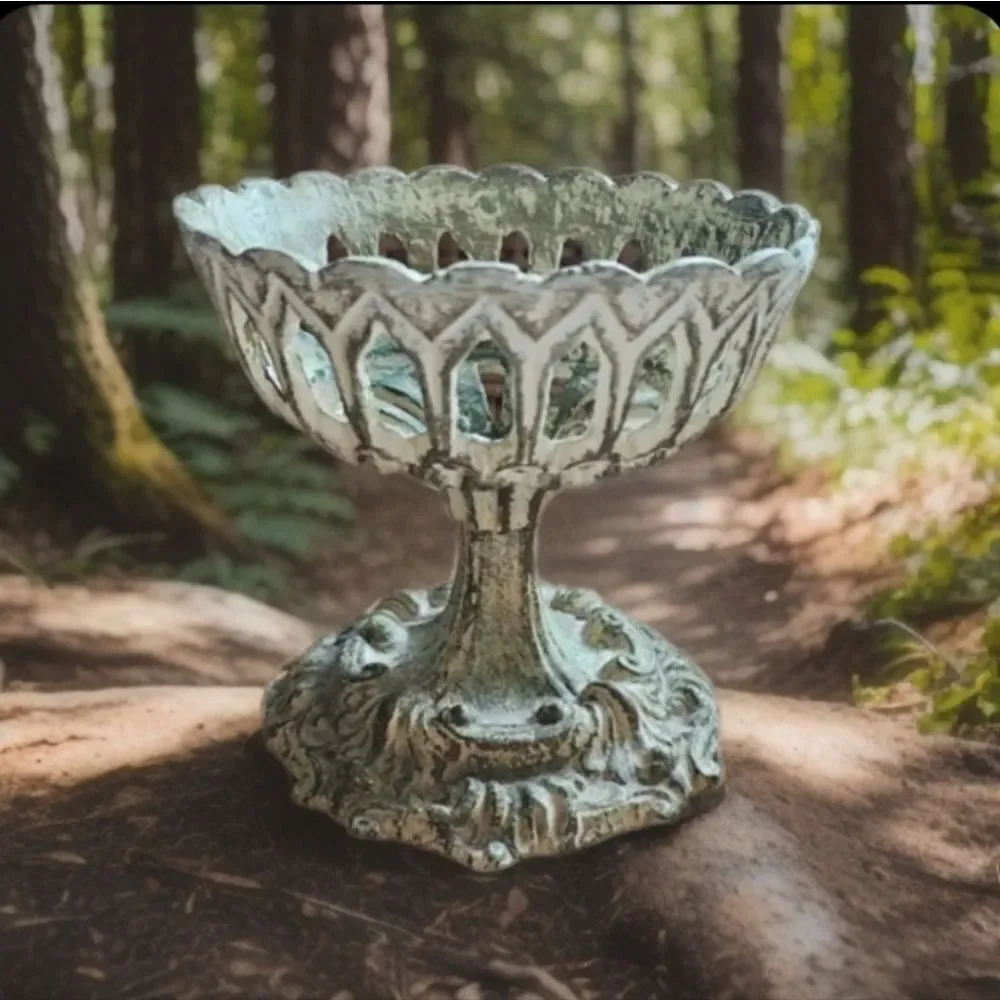Vintage Distressed Metal Candleholder Cutwork Chalice with Felted Bottom